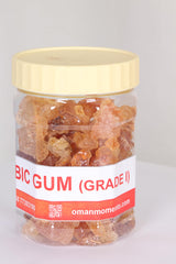 Oman Momento amber jar packaging shows natural grade Arabic gum for crafts.