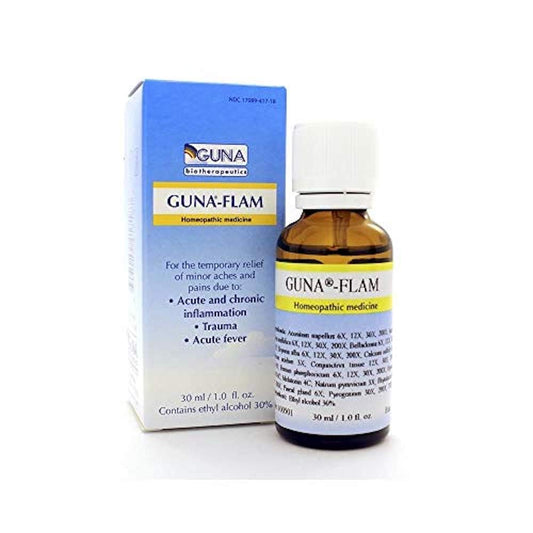 GUNA Flam bottle front view, portable natural relief option for minor discomfort.
