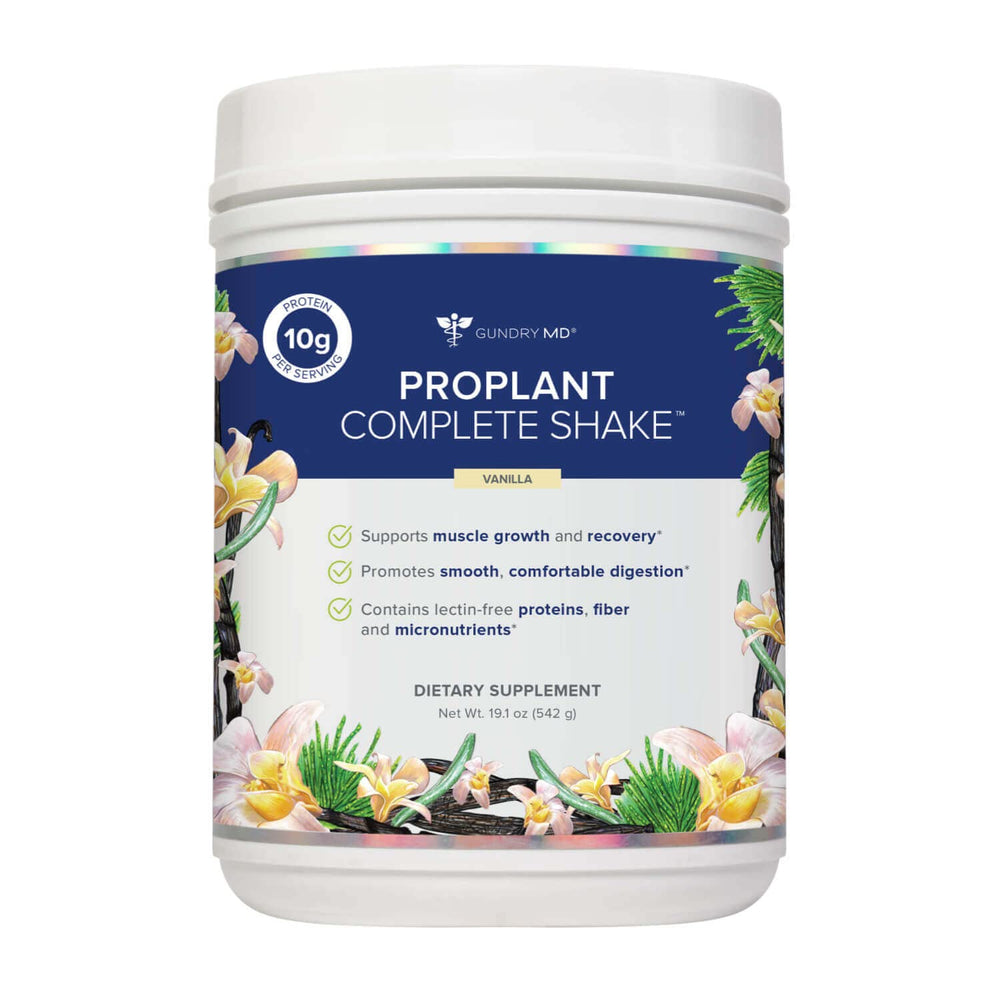 Gundry MD Pro Plant Complete Shake canister showcasing vanilla flavor and high-fiber blend.