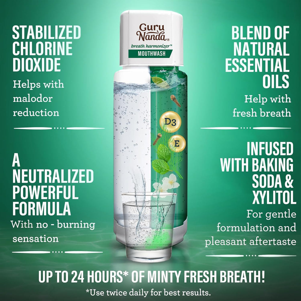 GuruNanda alcohol-free label emphasizes a gentle, safe mouthwash option.