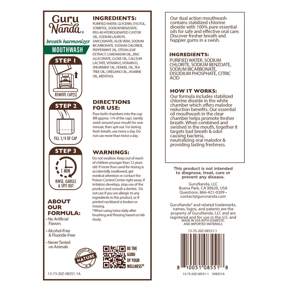 GuruNanda rinse cup in-use image conveys a tidy, 60-second rinse.