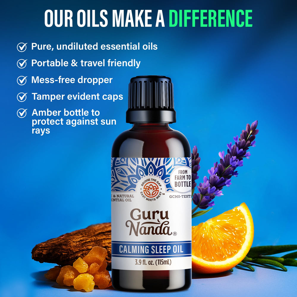 GuruNanda Calming Sleep amber bottle protects potency during storage.