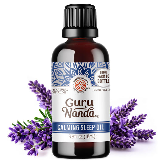 GuruNanda Calming Sleep oil bottle in amber glass preserves purity for nighttime diffusion.