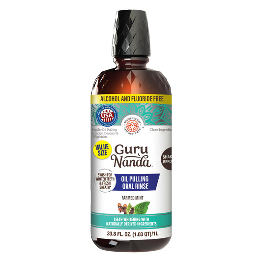 GuruNanda CocoMint bottle front view, 1L refill-friendly packaging for daily oil pulling.