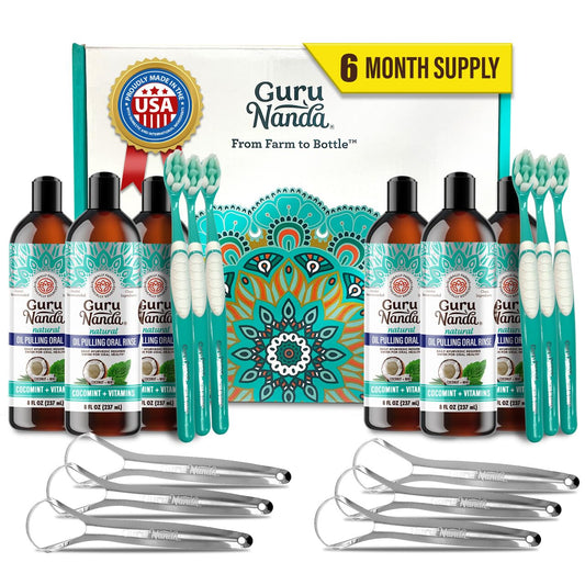 GuruNanda CocoMint oil pull bottle promotes long-lasting fresh breath