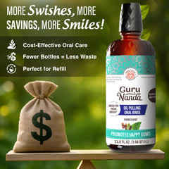 GuruNanda CocoMint swishing action, designed for fresh breath and gum hygiene.