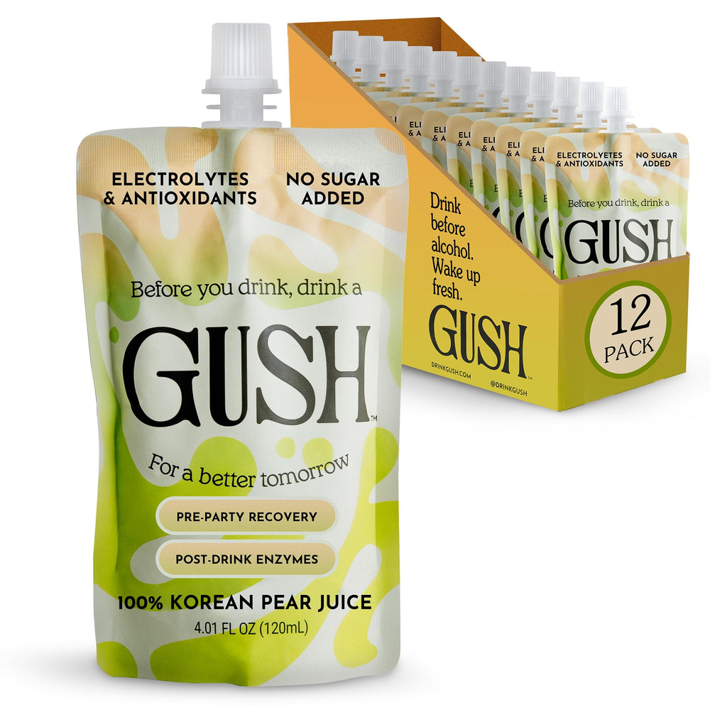 Gush pear hydration pouch showing clean-label electrolytes for pre-drinking wellness.