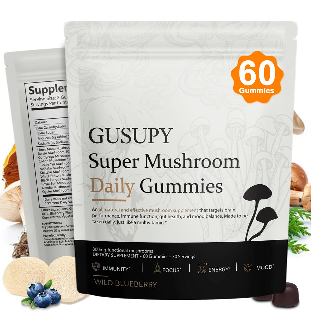 GUSUPY Lions Mane gummies bottle for daily cognitive wellness routine.