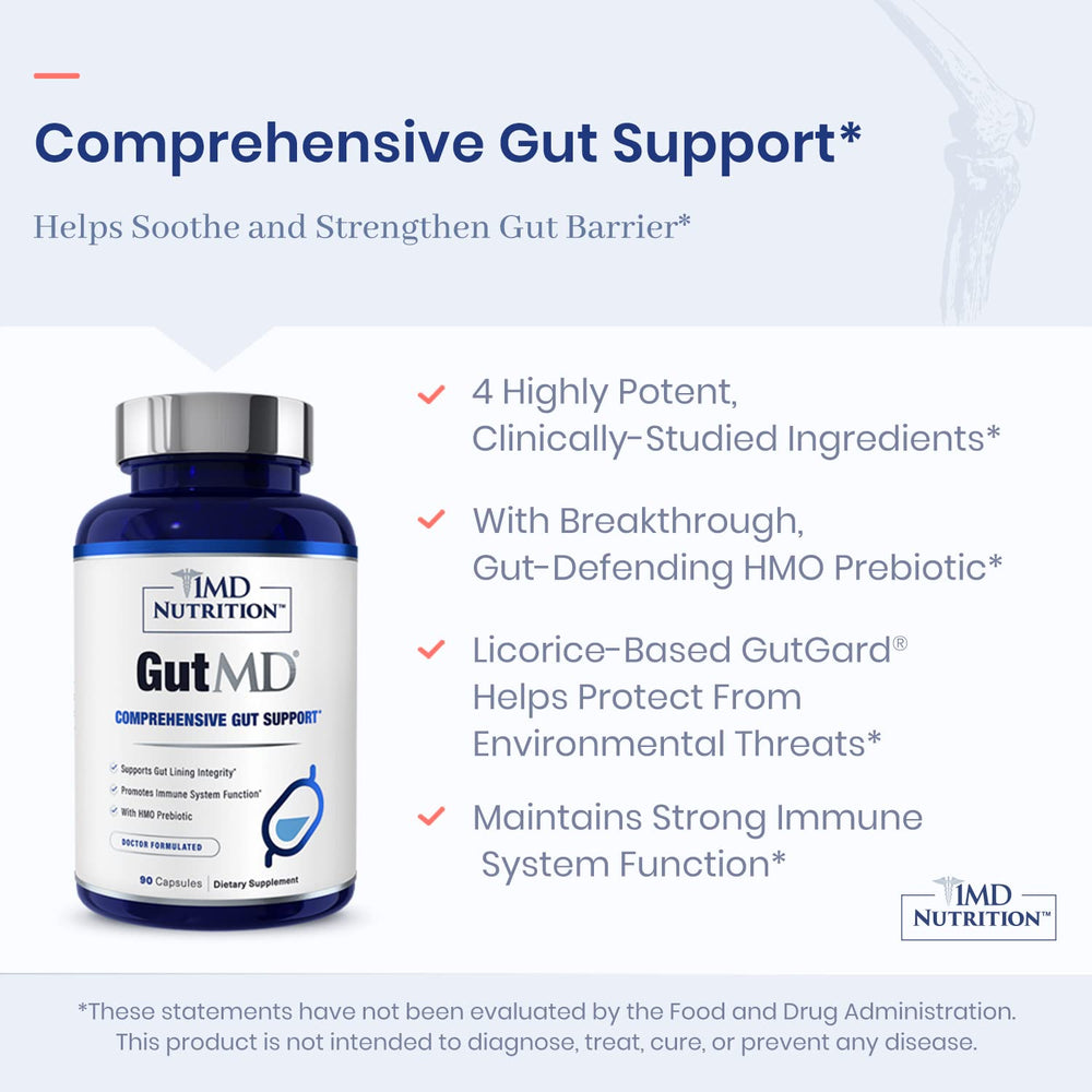 GutMD capsules on white background signaling daily digestive support.