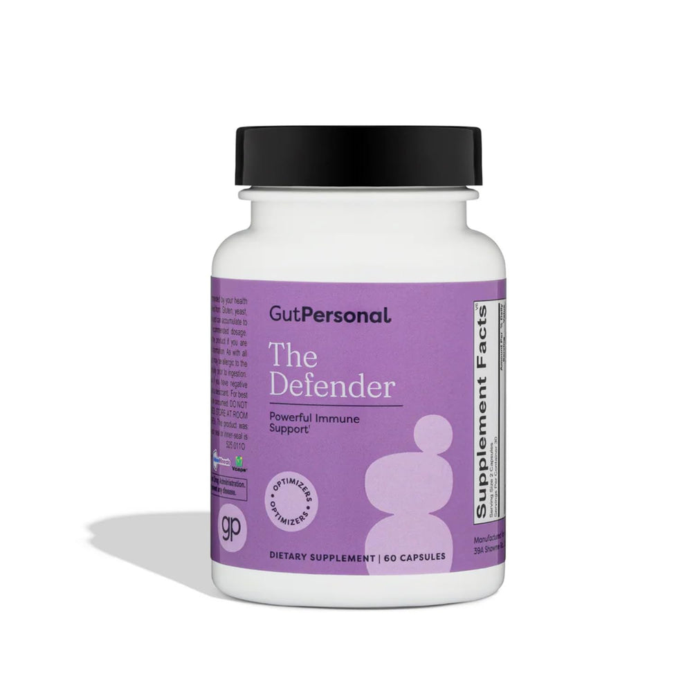 GutPersonal Defender bottle front view shows daily immune support in a convenient capsule.