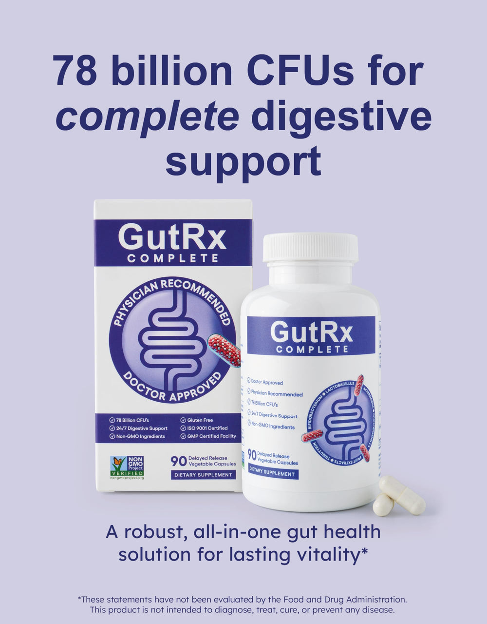 GutRx Complete capsules collection shows enteric-coated design for targeted gut delivery.
