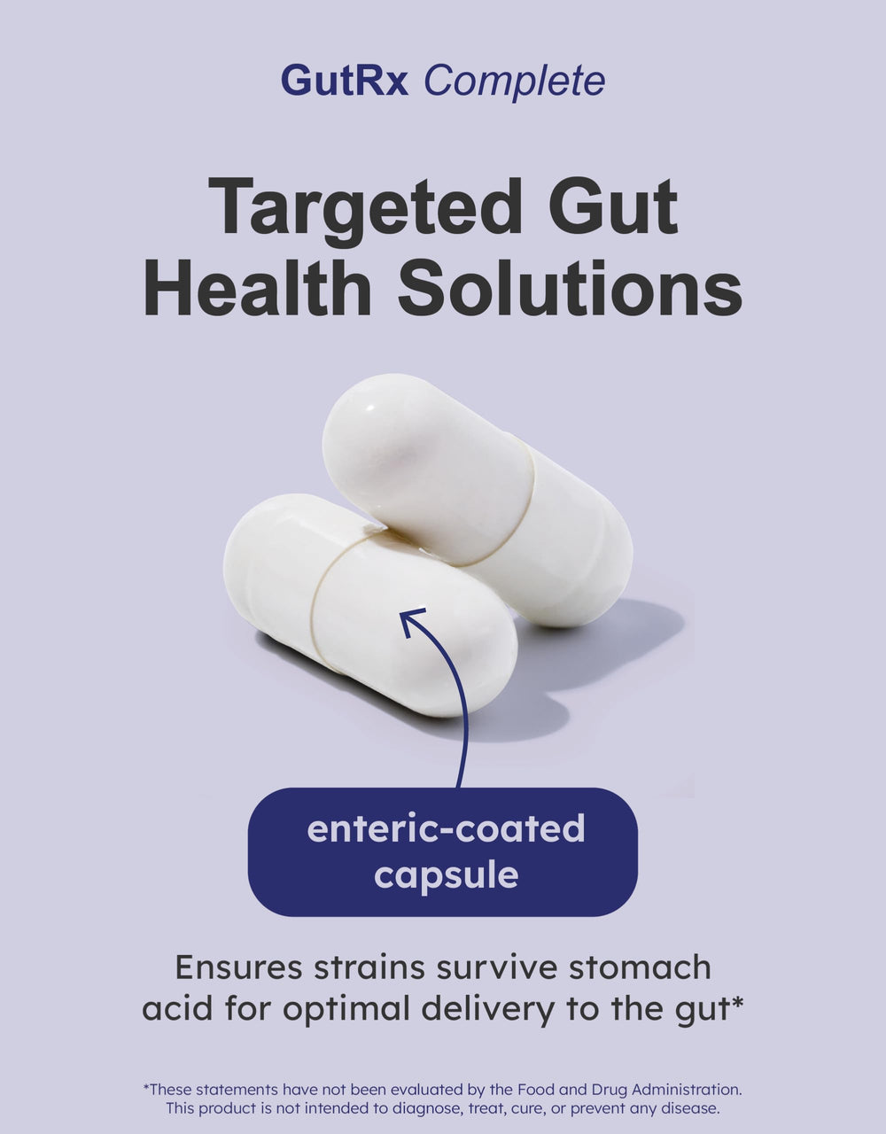 GutRx Complete enteric-coated capsules ready for daily use.