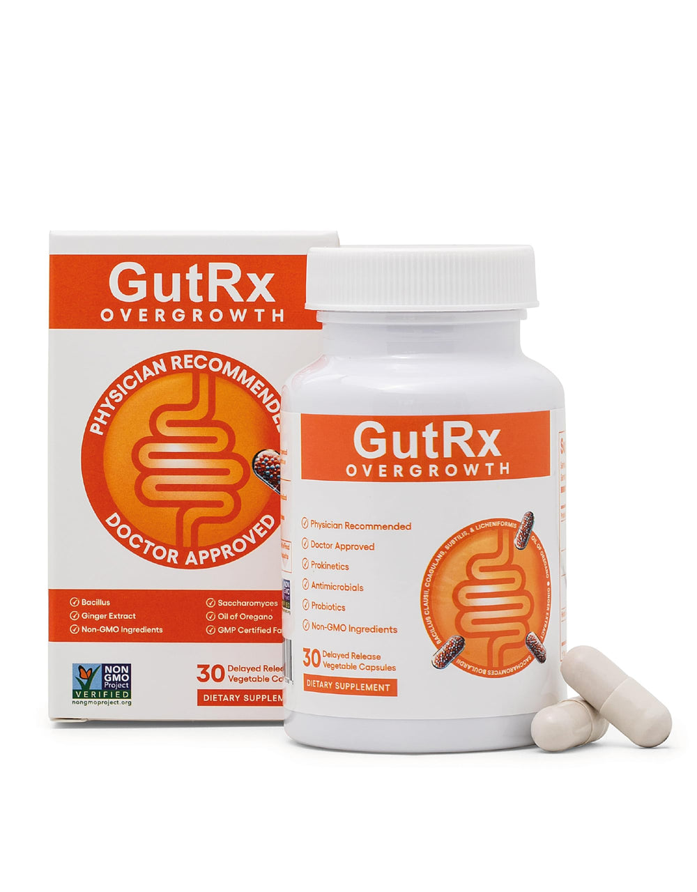 GutRx Overgrowth bottle front with probiotic blend supporting gut balance.