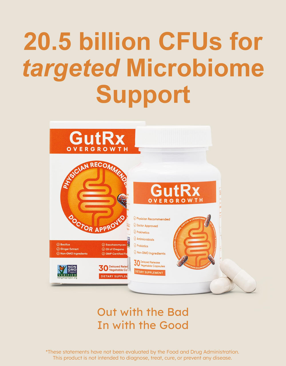 GutRx Overgrowth capsules close-up highlighting enteric coating for stomach protection.