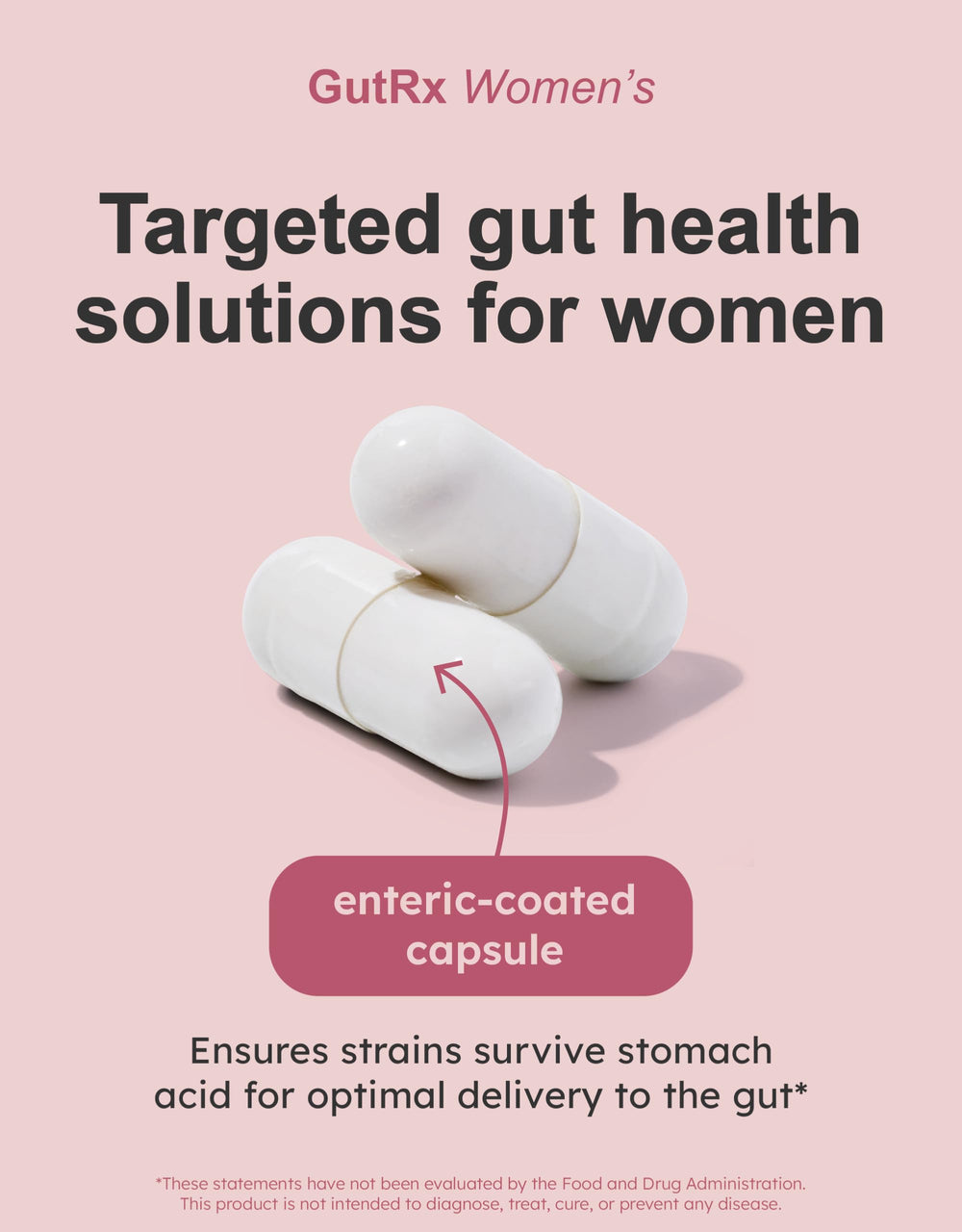 GutRx Women's daily-use capsules beside glass of water for routine health support.
