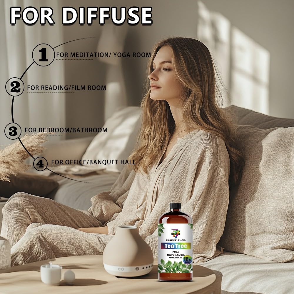 GV77ZF Tea Tree essential oil in diffuser scene for aromatherapy ambience.