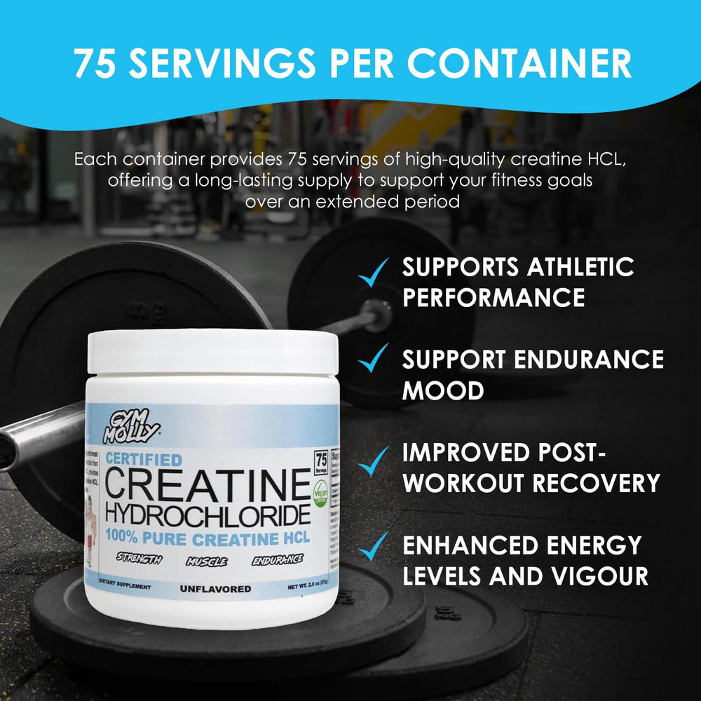Gym Molly Creatine HCl bottle closeup highlighting vegan, unflavored formula