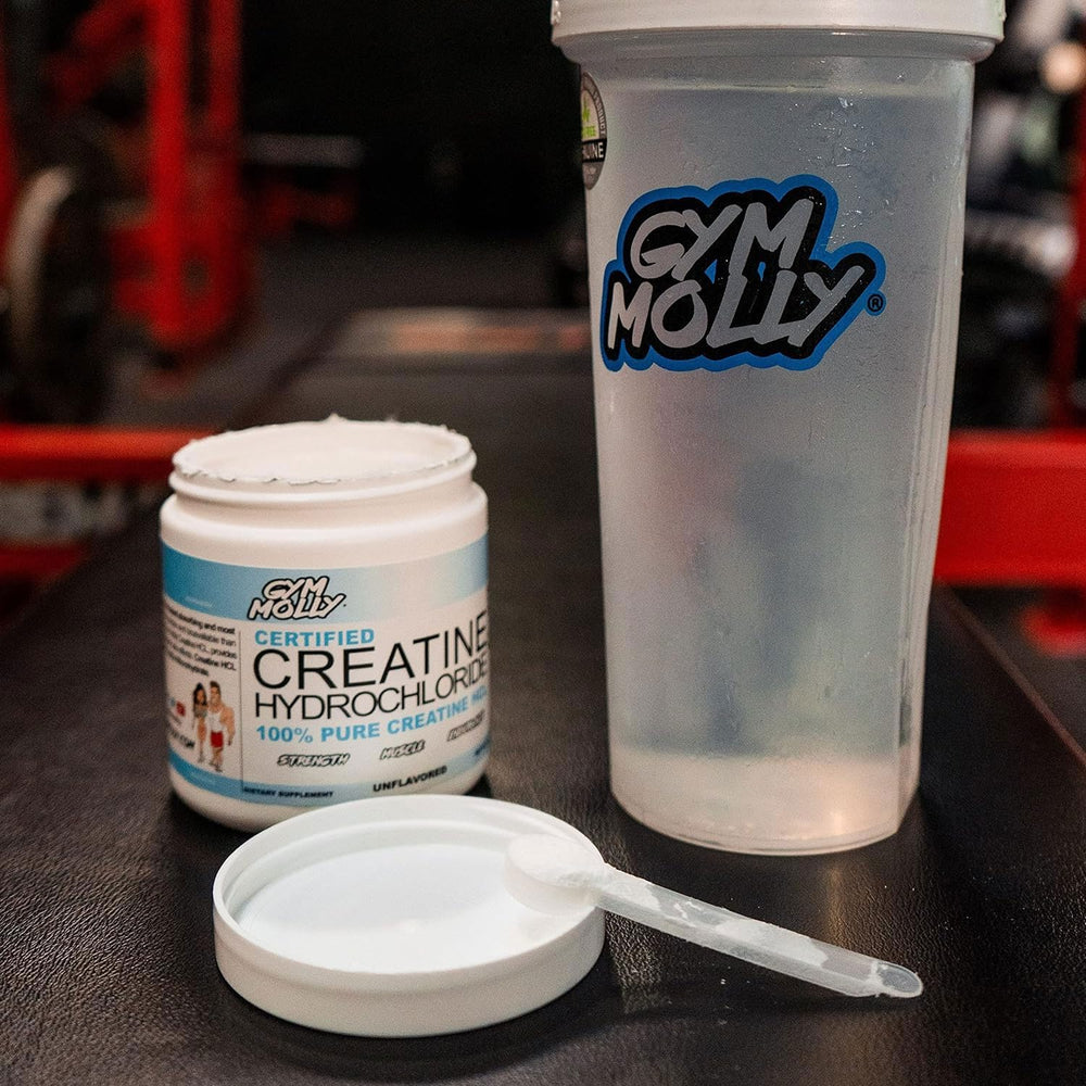 Gym Molly Creatine HCl powder on shelf, convenient daily supplement option