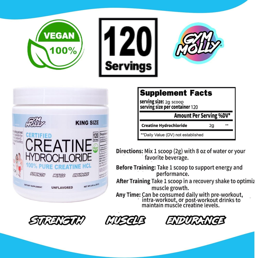 Gym Molly Creatine HCL scoop beside a glass of water shows vegan, unflavored mix.
