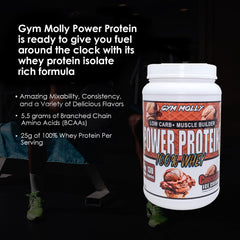 Gym Molly Power chocolate shake poured into a glass after training.