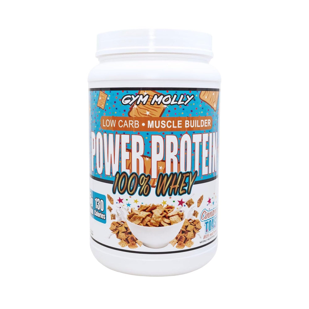 Gym Molly Power Protein powder tub highlights premium whey blend for post-workout recovery.