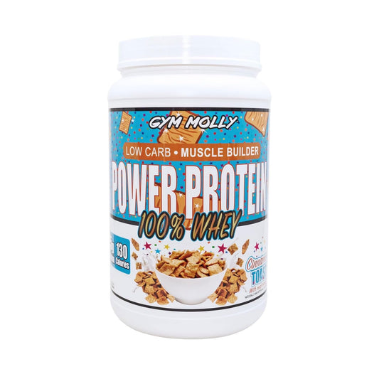 Gym Molly Power Protein powder tub highlights premium whey blend for post-workout recovery.