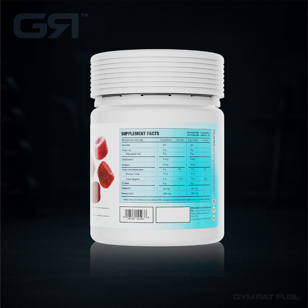 Gymrat Fuel Post Workout Gummies close-up shows pomegranate flavor.