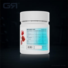 Gymrat Fuel Post Workout Gummies close-up shows pomegranate flavor.