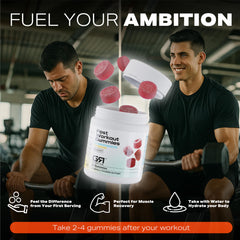 Gymrat Fuel Post Workout Gummies on wooden table with tasty bite.