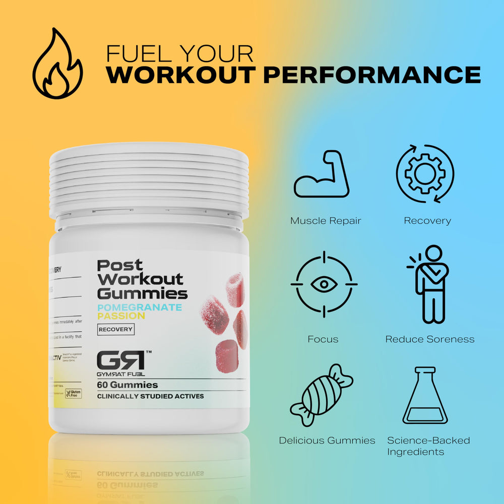Gymrat Fuel Post Workout Gummies on gym mat for portable use.