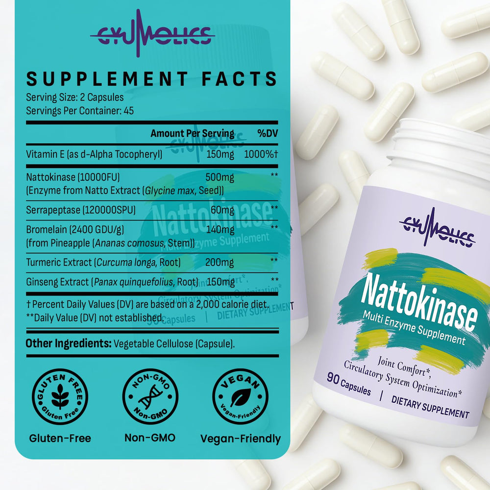 Gyumolics nattokinase capsules on a table ready for daily dose