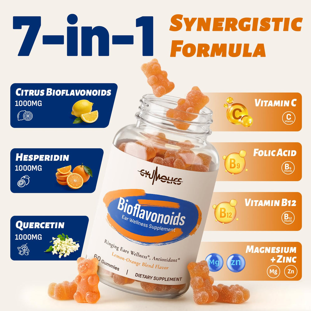 Gyumolics flavonoid gummies bottle back reveals nutrition details for informed use.