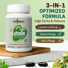 Softgels of Gyumolics Luteolin Supplement on white background for easy swallowing