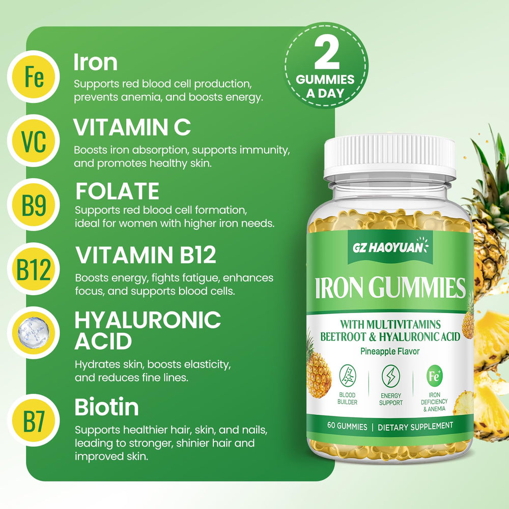 GZ HAOYUAN iron gummies close-up label shows vitamins and beetroot, nutrition at a glance.
