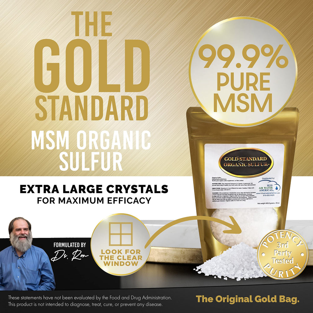H2O Air Water Americas 99.9% pure MSM crystals close-up, emphasizing purity.