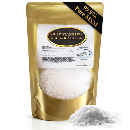 H2O Air Water Americas Gold Standard MSM crystals—1 lb jar, highlighting purity and potency.