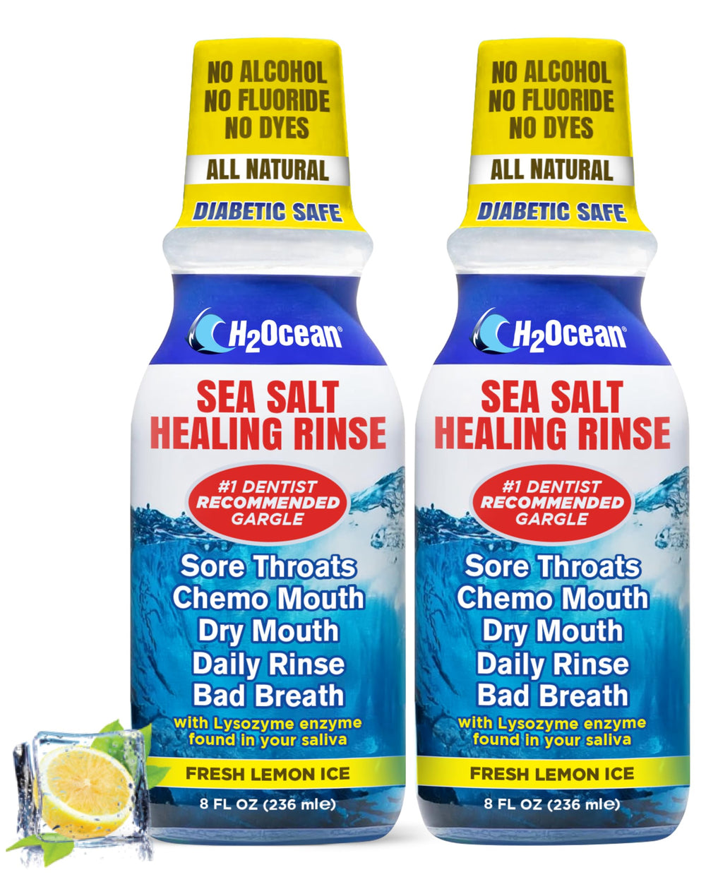 H2Ocean Healing Rinse Lemon Ice bottle front offering refreshment and alcohol-free care