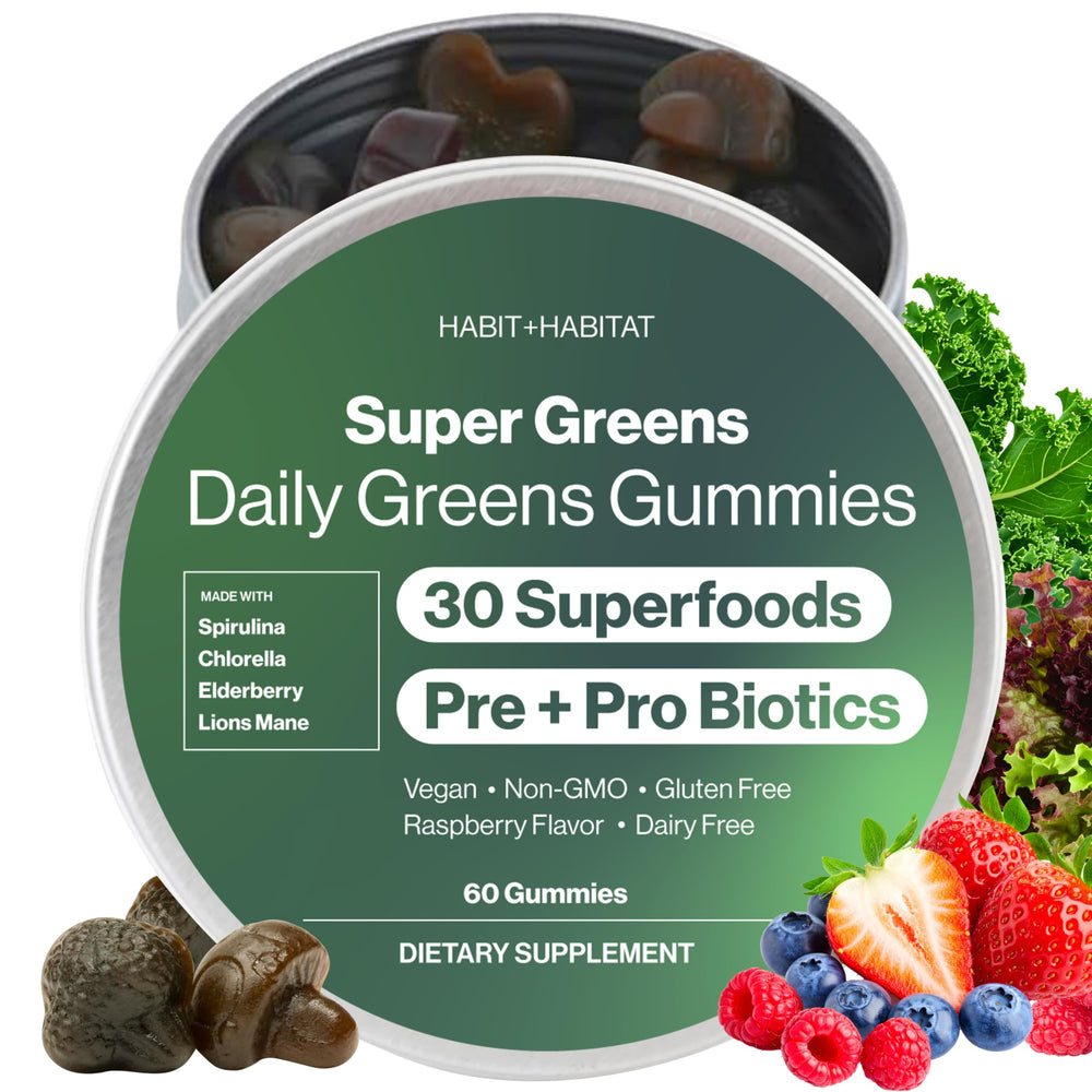 Habit + Habitat Daily Greens Plus Gummies bottle on kitchen counter for daily energy support.
