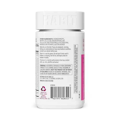 Label on Habit women's multivitamin shows 23 vitamins and minerals for health.