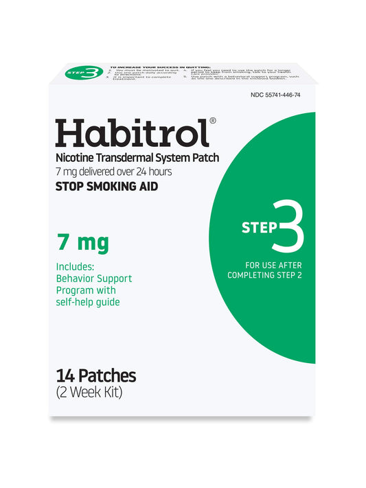 Habitrol Step 3 patch box image shows daily nicotine relief with a 7 mg dose.
