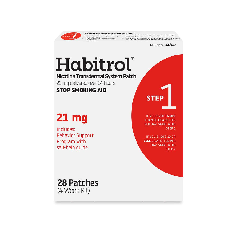 Habitrol Step 1 patch packaging showing 21 mg patch for daily nicotine management.