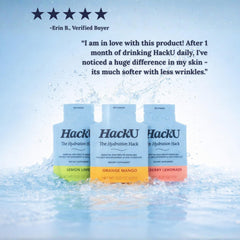HackU lemon-lime packet dissolving in water for skin-friendly hydration.