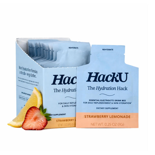 HackU sugar-free electrolyte packets poured into a glass for refreshing hydration