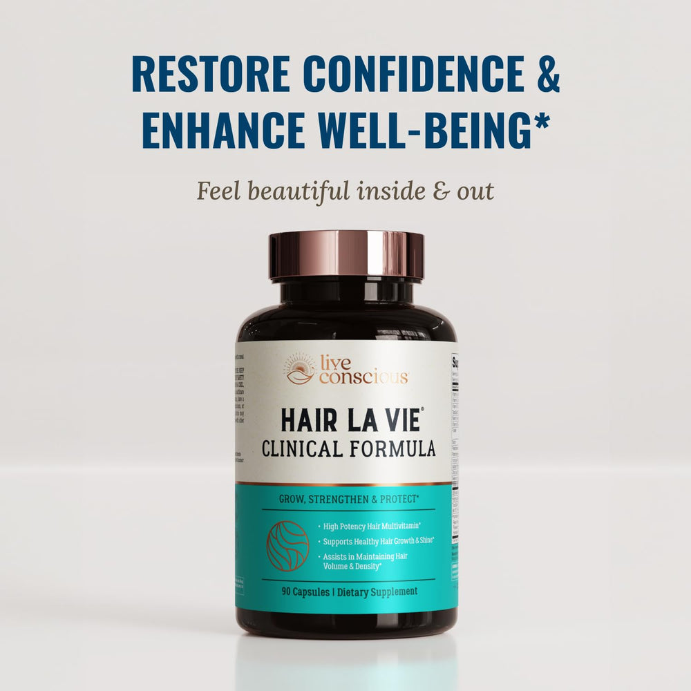 Hair La Vie Live Conscious Clinical Formula tablets on a dispensing tray for routine use