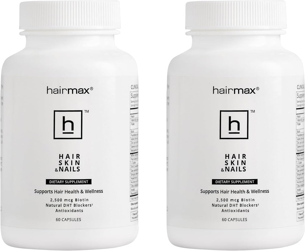 Hairmax bottle front view showcases packaging for hair, skin, and nails support