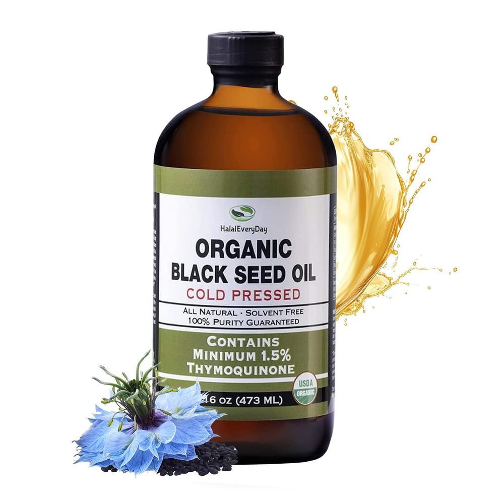 HalalEveryDay Black Seed Oil bottle on wood surface for skincare use
