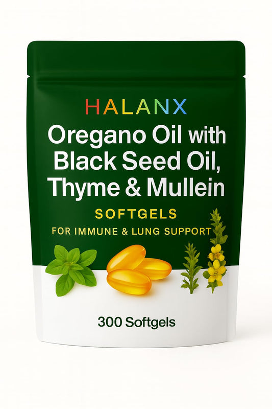 Halanx Oil of Oregano Softgels bottle front view for daily immune support.