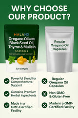 Halanx Oil of Oregano Softgels packaging box showcasing branding for shopping.