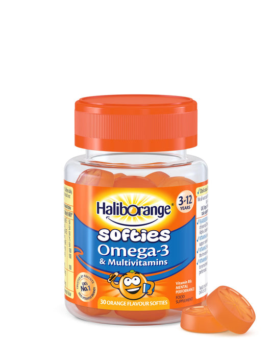 Haliborange bottle with softies, a convenient daily multivitamin and omega-3 option.