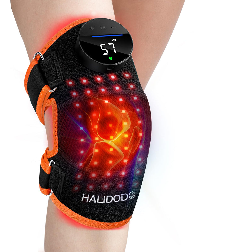 HALIDODO knee brace front view shows red light therapy for enhanced knee comfort.